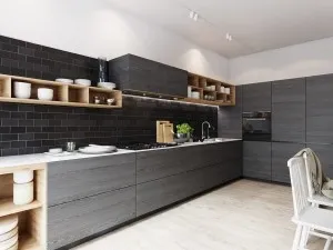 北欧风开放式厨房装修效果图 L字型黑色橱柜图片