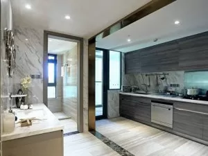 现代开放式厨房装修效果图 银灰色橱柜效果图